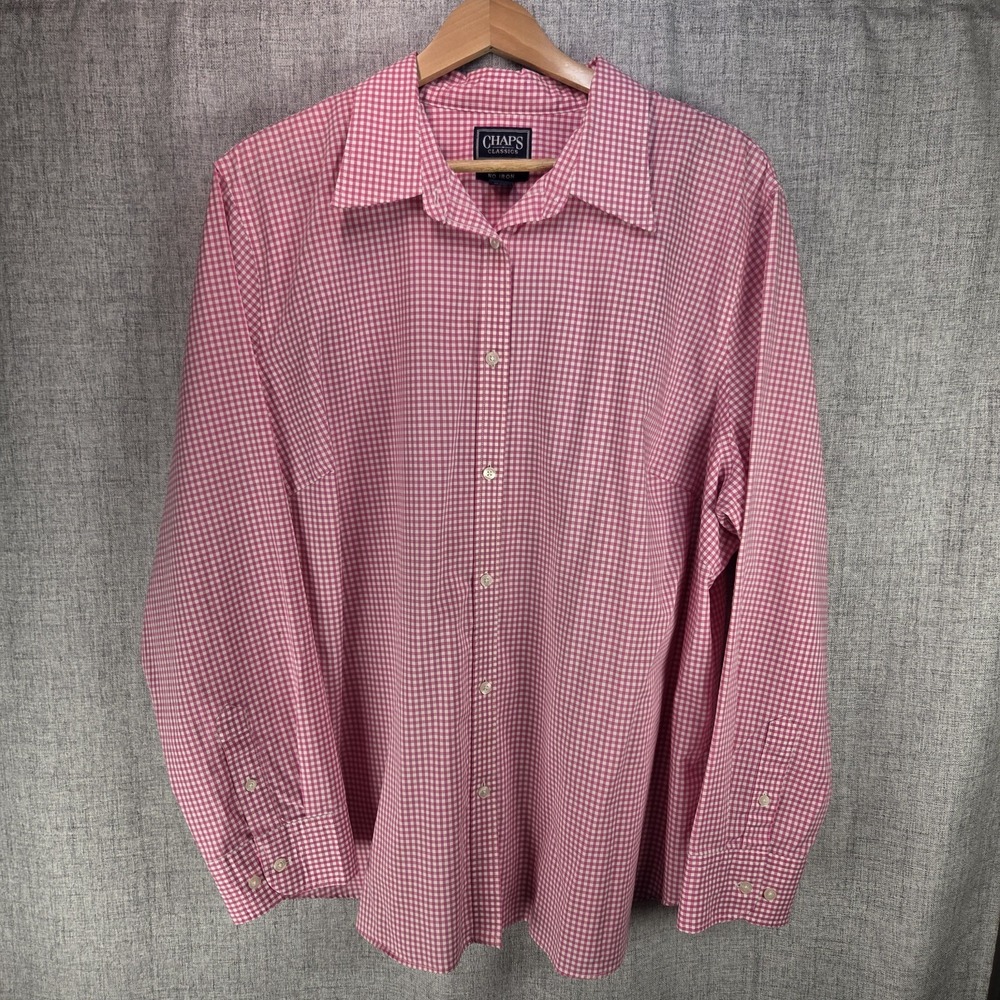 CHAPS Classic VTG Pink White Gingham Preppy Womens 2X Plaid LS Old Money